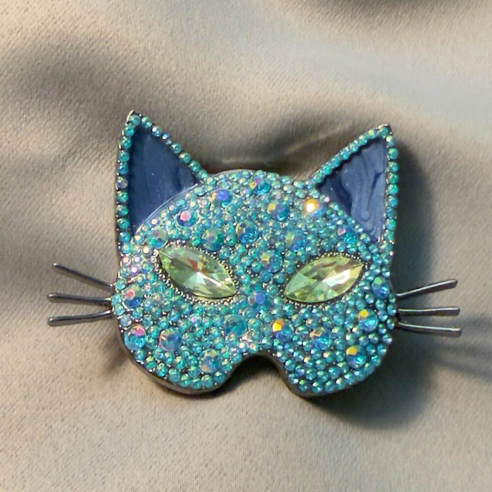 Cat Brooch Rhinestone Mask Face Sparkly Blue Statement Pin 3”